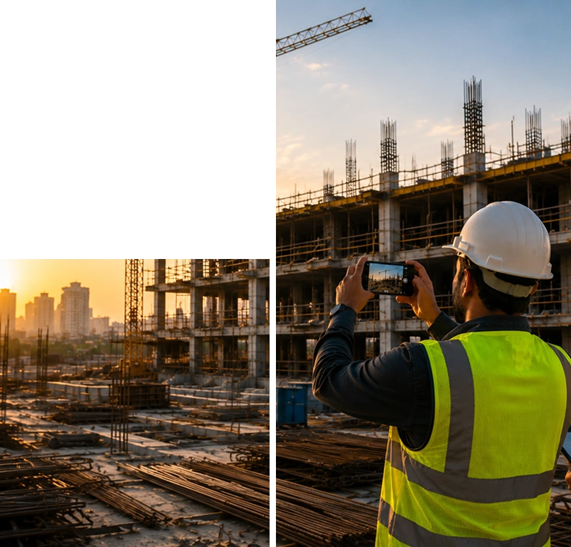 Construction site engineer photographing a multi-storey build at sunset for offline-first field capture