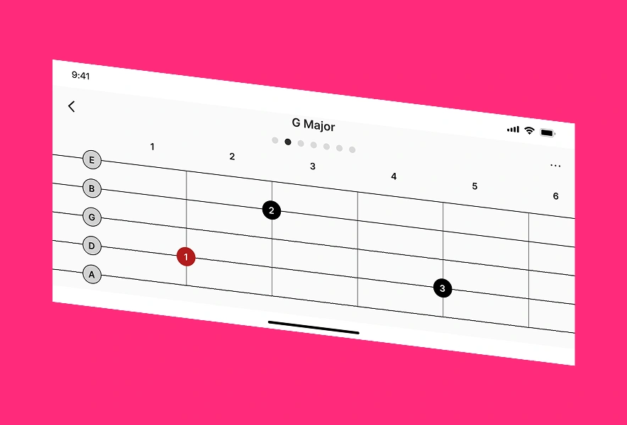 Guitar chord and tab practice screen from a music-learning app AppMatic Tech built