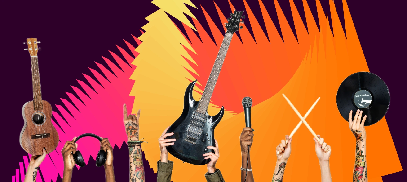 Raised hands holding a ukulele, headphones, an electric guitar, a microphone, drumsticks, and a vinyl record, representing the live music and audio culture AppMatic Tech builds entertainment software for