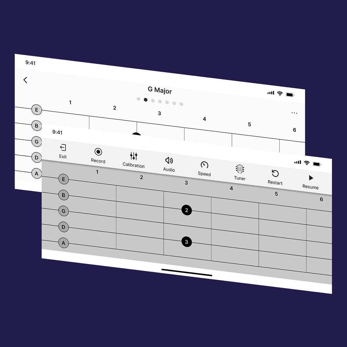 Chord and tab practice screen with a fretboard diagram and playback controls, part of the music app suite AppMatic Tech builds