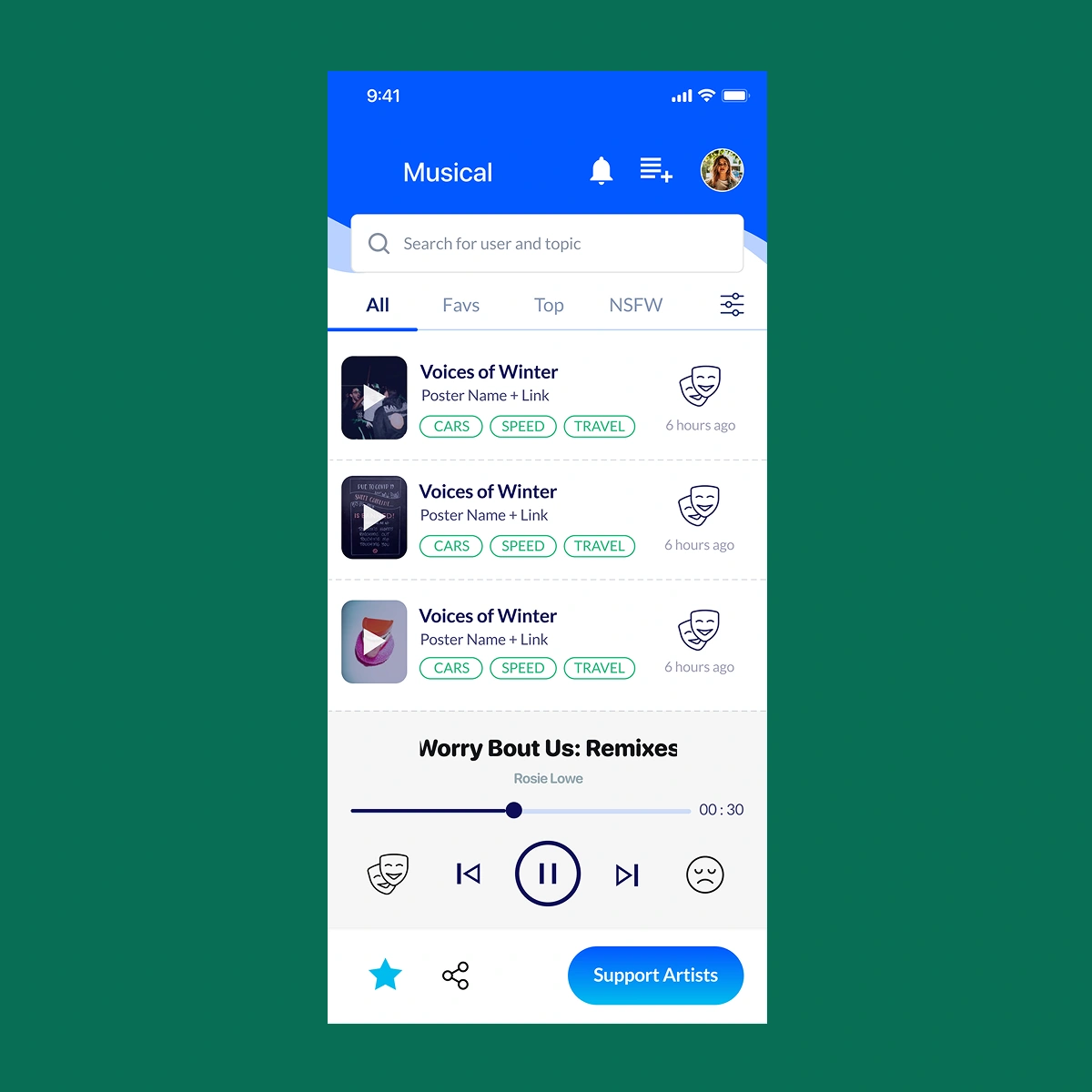 Musical app screen with a browsable feed and playback controls, part of the music app suite AppMatic Tech builds