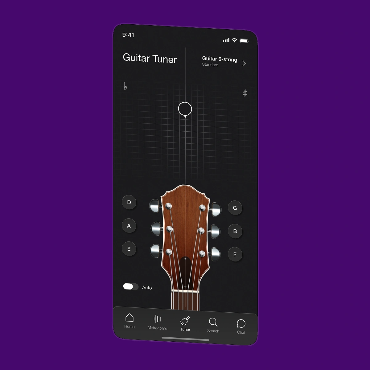 Guitar tuner screen with a headstock diagram and pitch indicator, part of the music app suite AppMatic Tech builds