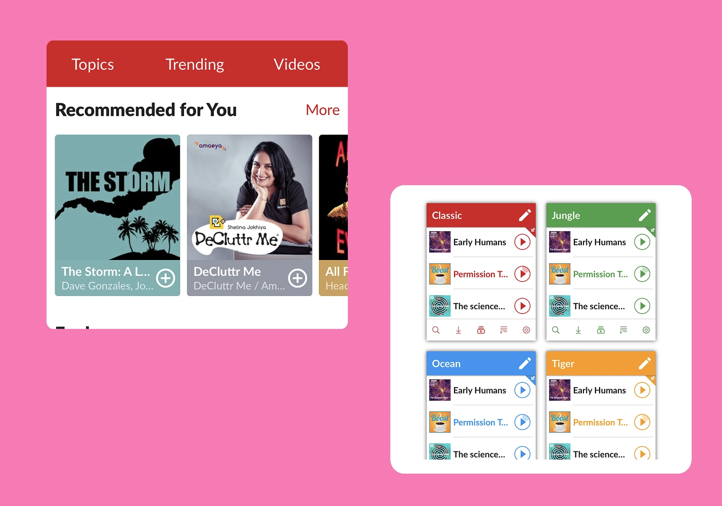 Podcast content discovery feed and theme picker grid, part of the listening app AppMatic Tech builds