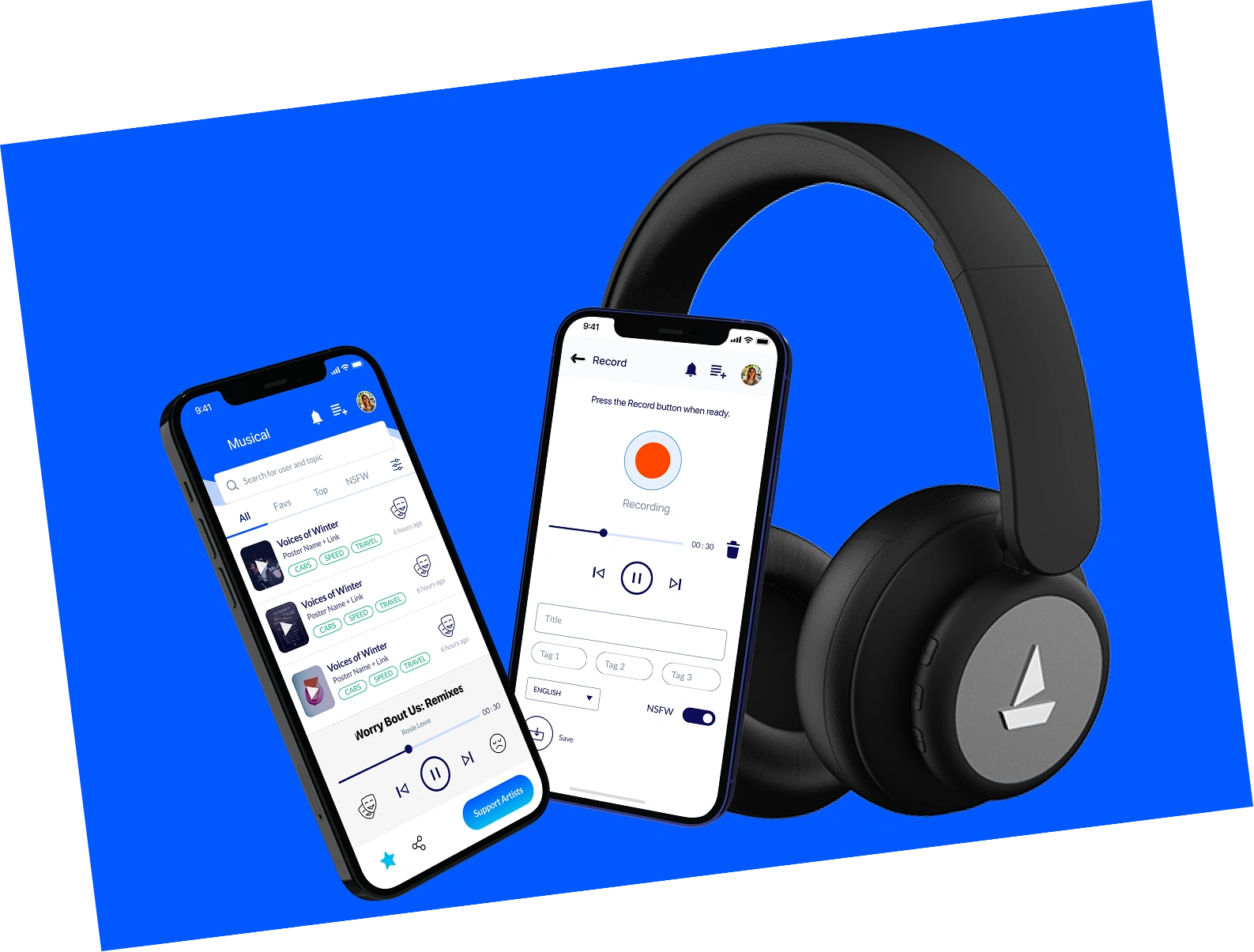 Music app browse screen, in-app voice recording screen, and companion headphones, part of the listening app AppMatic Tech builds