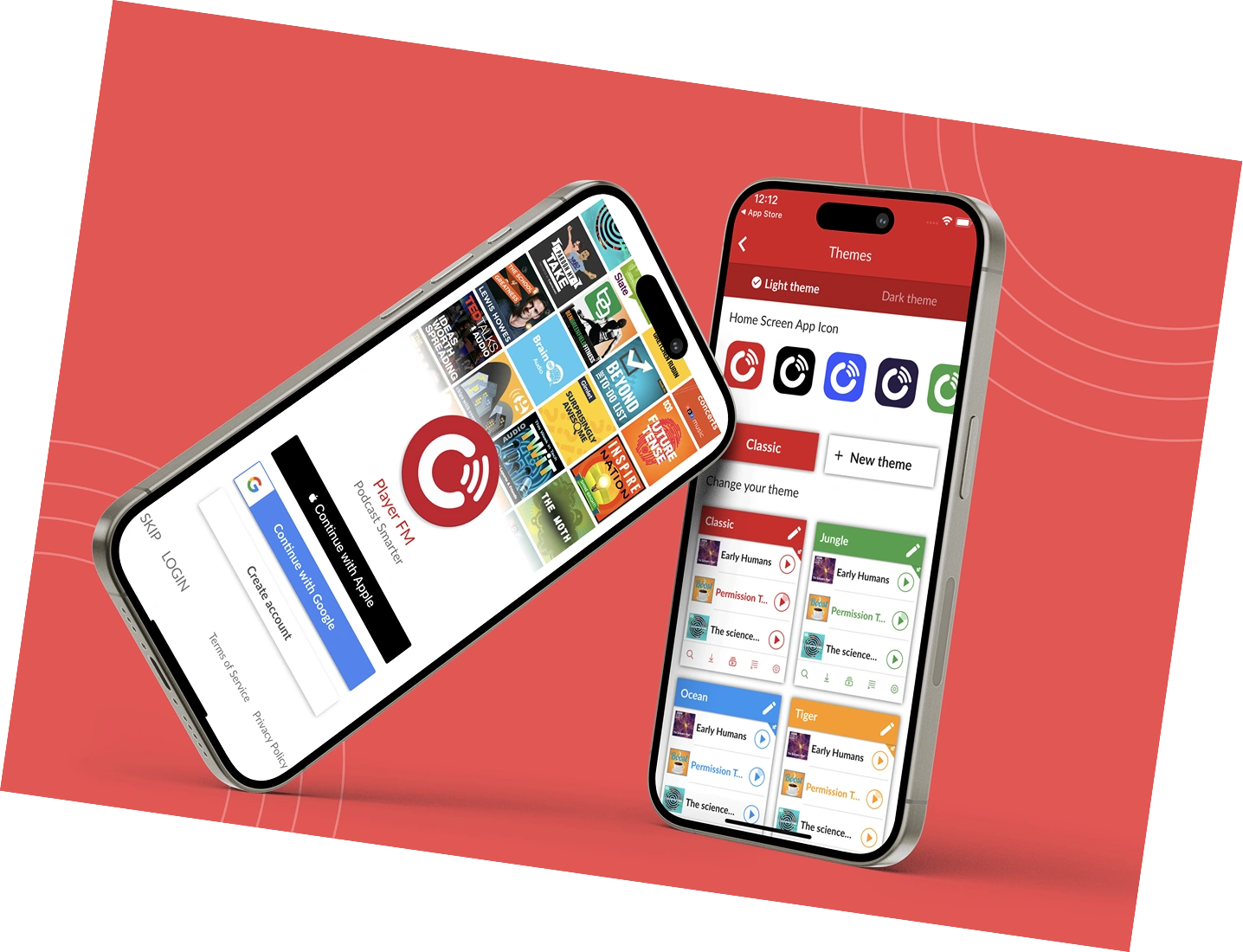 Podcast app onboarding and theme selection screens, part of the listening app AppMatic Tech builds