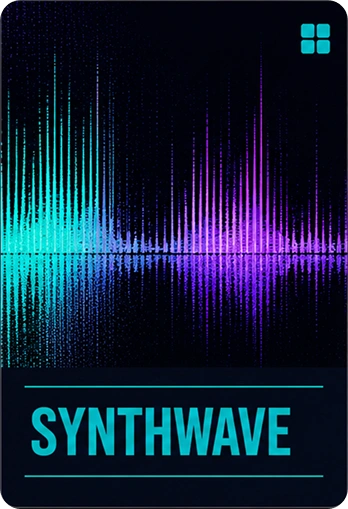 Synthwave audio visualiser mode with vertical waveform bars, an equaliser display AppMatic Tech builds into media players