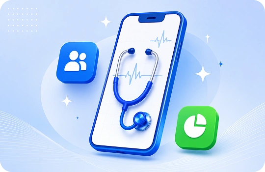 AppMatic Tech patient outcomes illustration: mobile app with stethoscope and health data