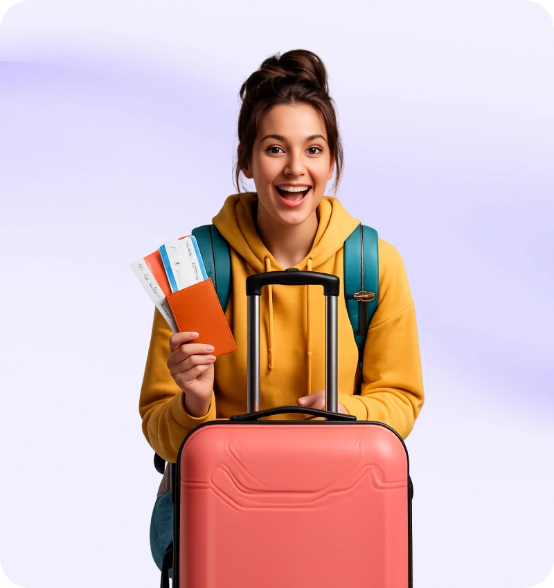 Traveller with boarding passes and luggage using a travel platform built by AppMatic Tech