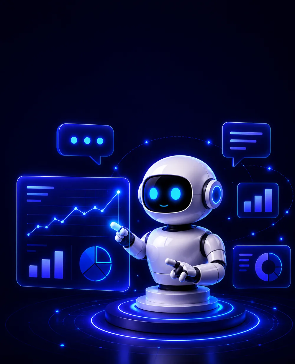 AI assistant mascot beside analytics dashboards illustrating AppMatic Tech AI agent development