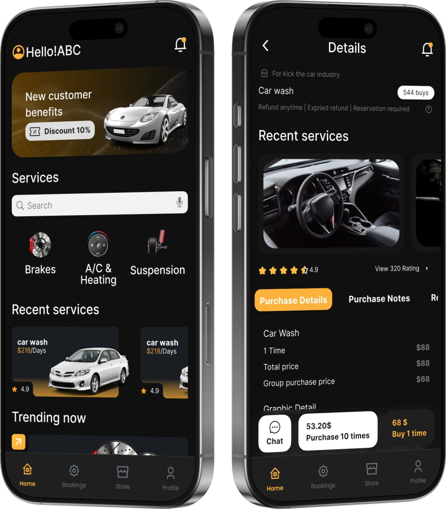 Service booking app reference design: home screen with services and recent services, and a details screen with purchase notes