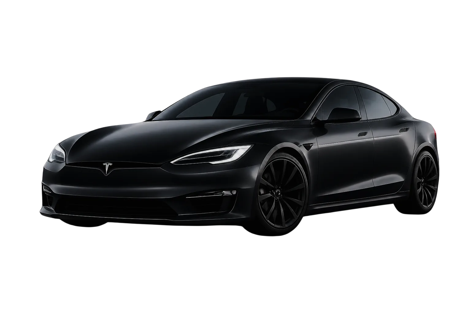 Black electric sedan on a mountain road at dusk