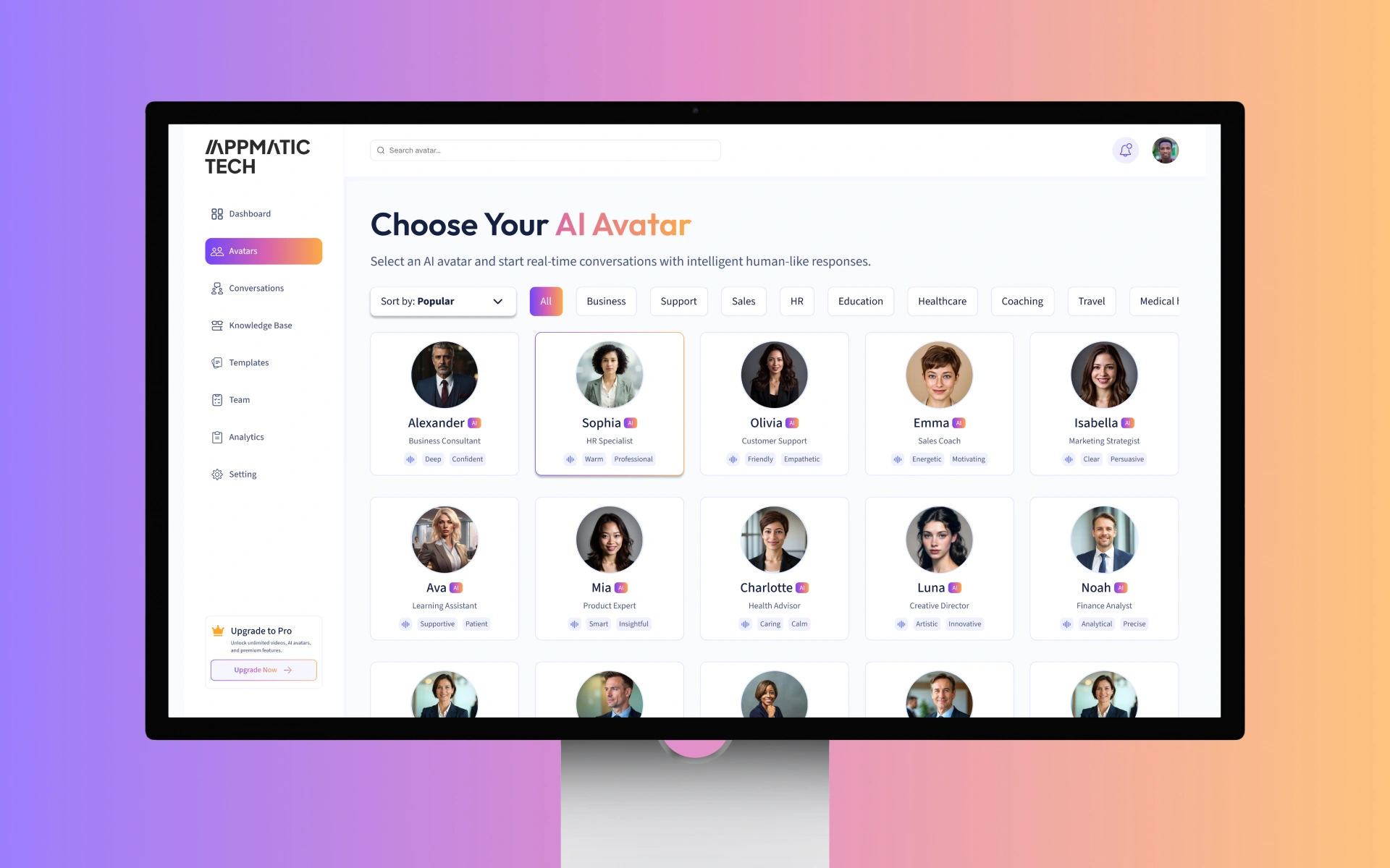 AI avatar platform dashboard showing avatar management, knowledge base upload, and per-business AI service usage analytics, built by AppMatic Tech
