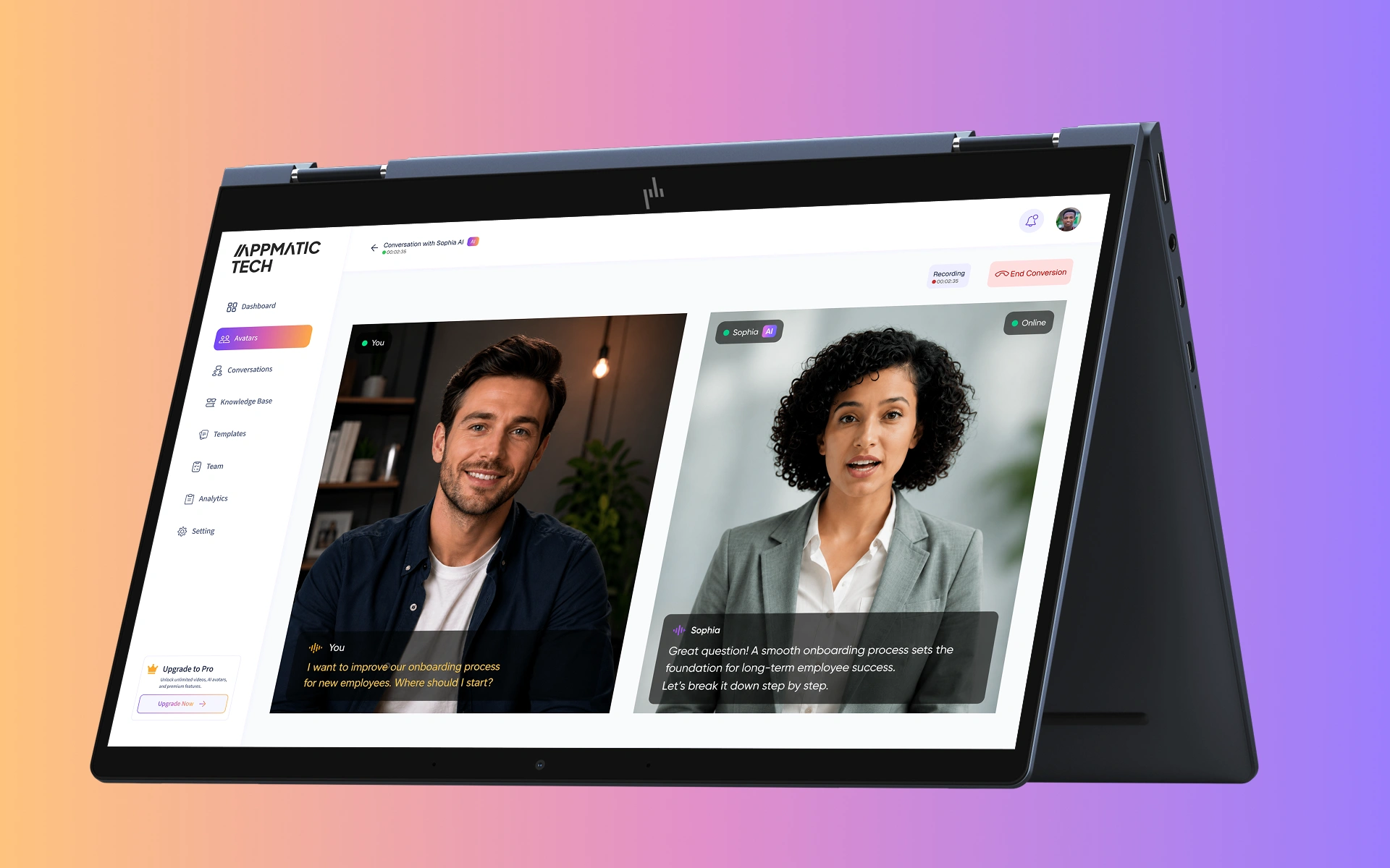 AI avatar platform interface showing avatar creation, knowledge base management, and generated video review, built by AppMatic Tech
