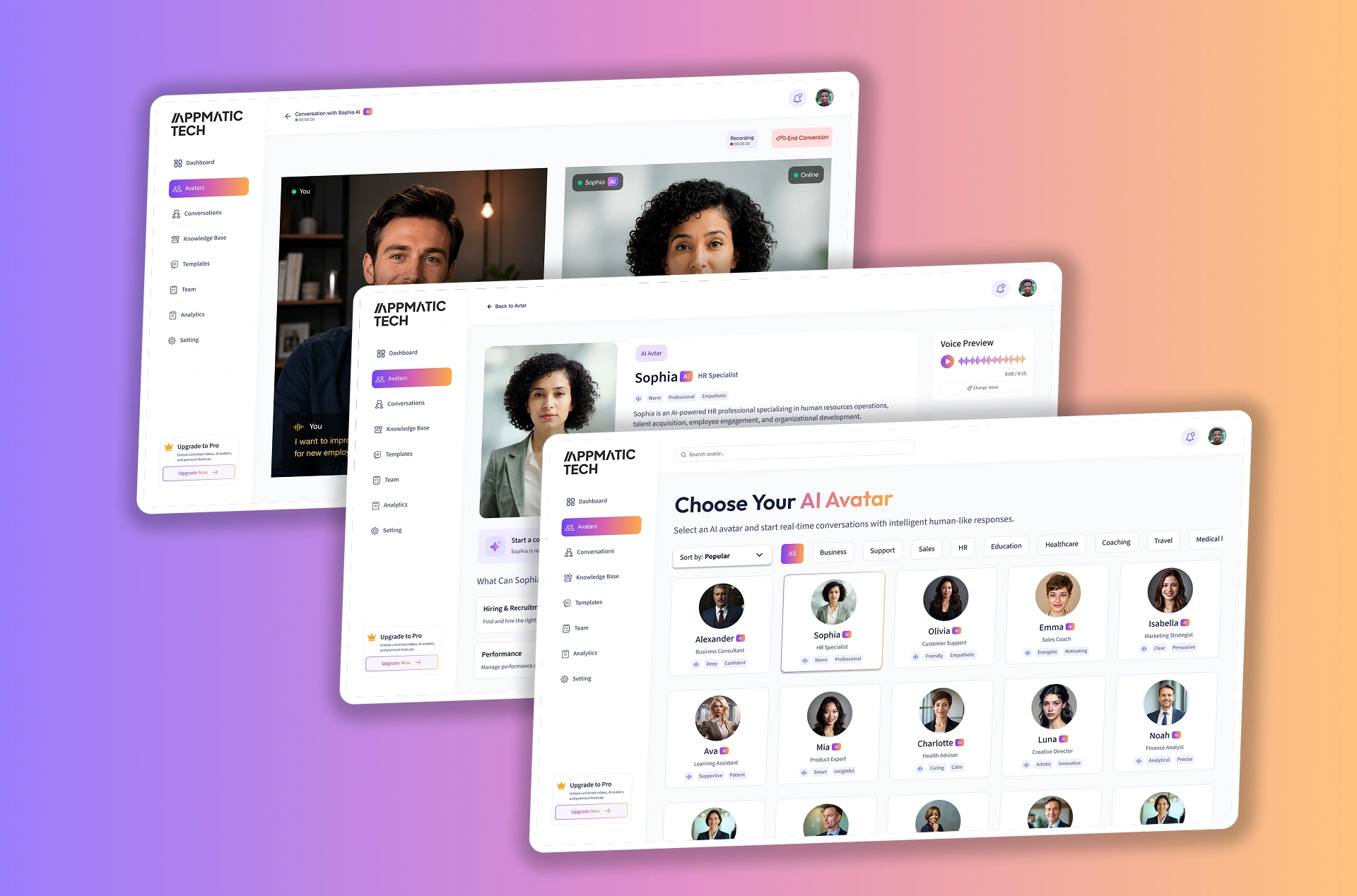 AI avatar platform screen designs showing avatar creation, video generation pipeline, and the admin dashboard, built by AppMatic Tech