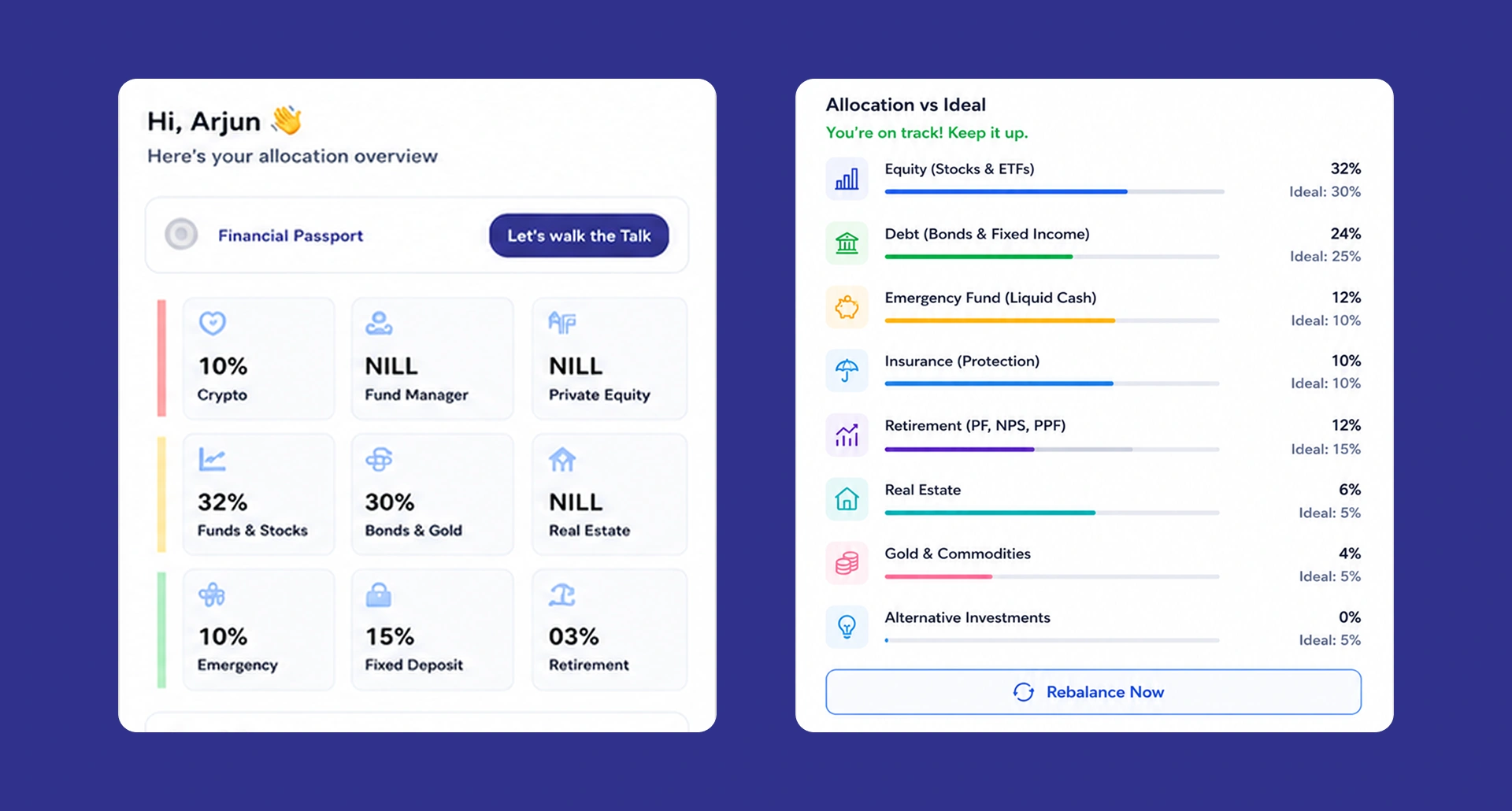 AI finance planner screens showing the conversational chat, the six-category allocation chart, and the plain-language explainability layer, built by AppMatic Tech