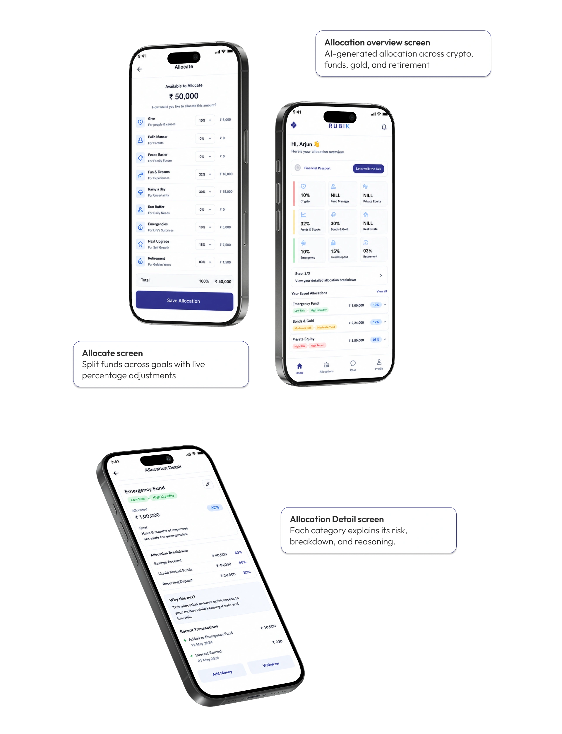 AI finance planner screens showing the allocation detail view with category breakdown, risk labels, and plain-language reasoning, built by AppMatic Tech