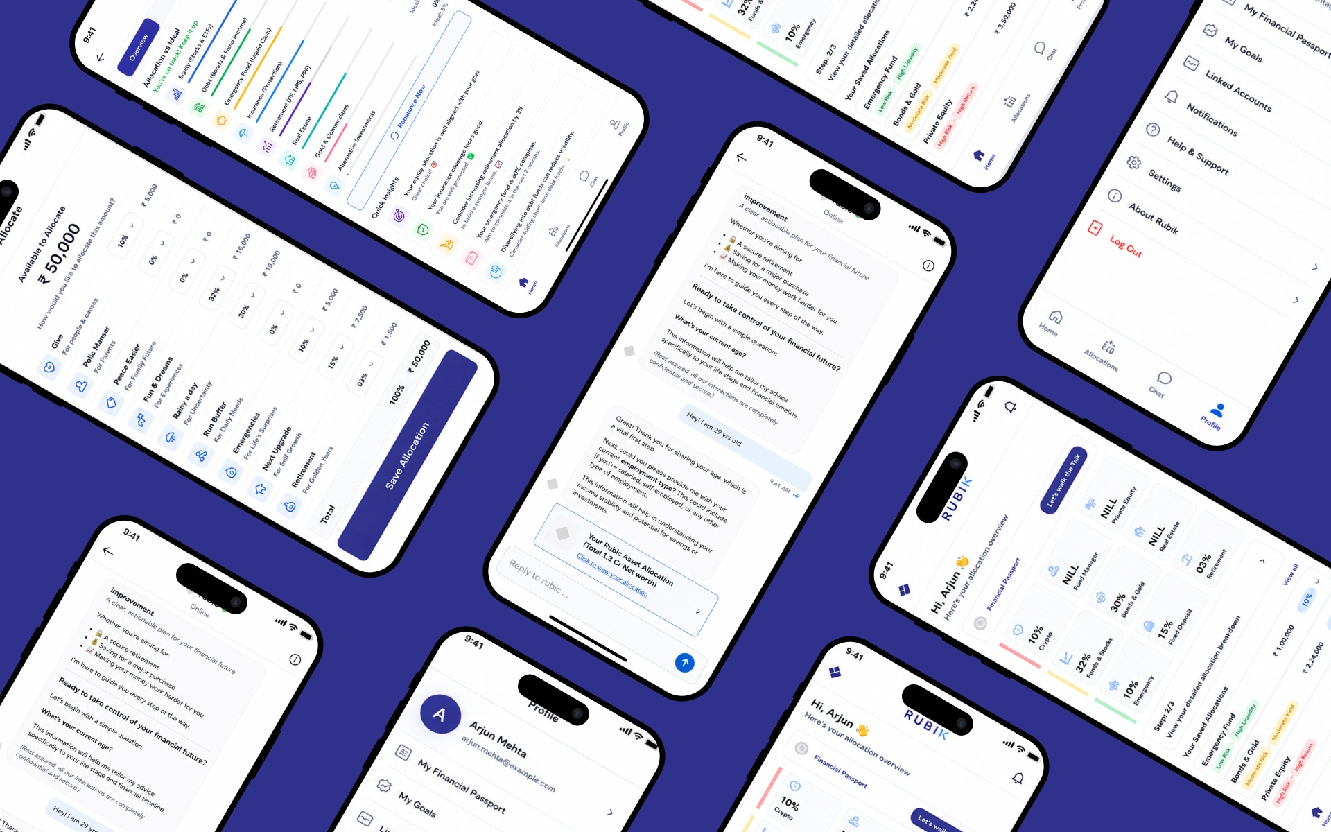 AI finance planner app screen showing the conversational chat interface and AI-generated allocation across six asset classes, built by AppMatic Tech