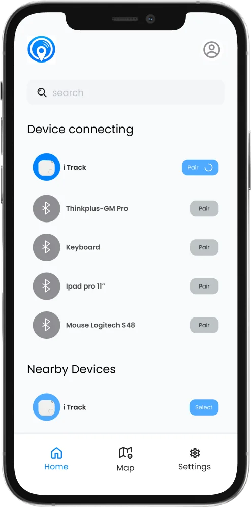 BLE Tag Tracker home screen showing paired and nearby BLE devices
