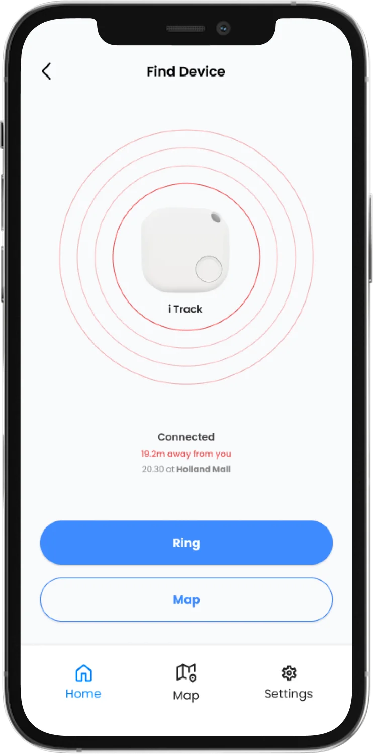 BLE Tag Tracker connected device detail screen with distance and controls