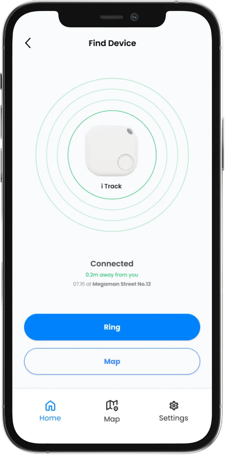 BLE Tag Tracker Find Device screen with Ring and Map actions in connected state