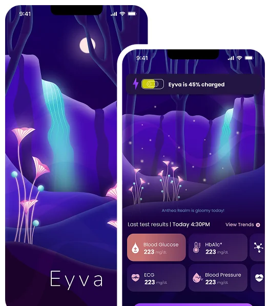 EYVA wellness app screens showing vitals measurement