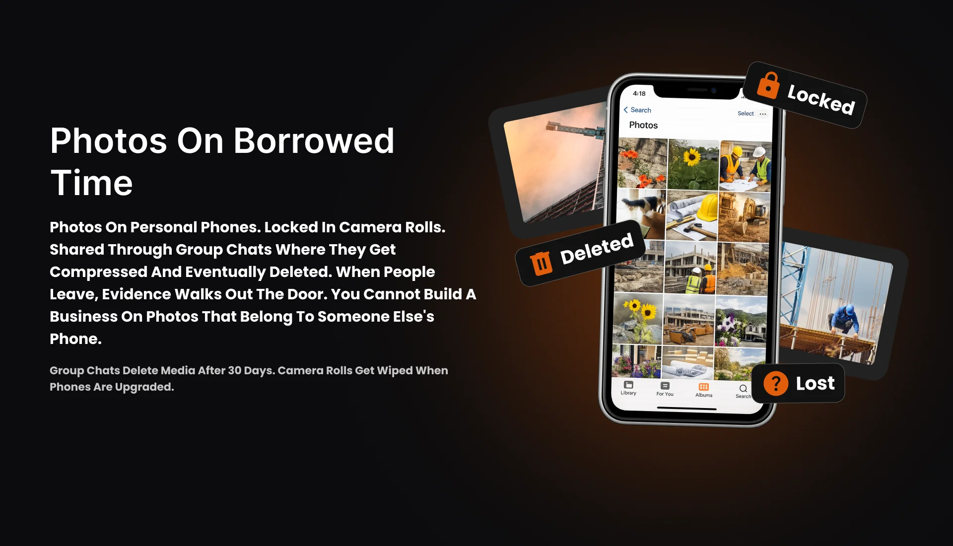 Design panel from AppMatic Tech's construction platform titled Photos On Borrowed Time, showing a phone camera roll of site photos marked locked, deleted, and lost