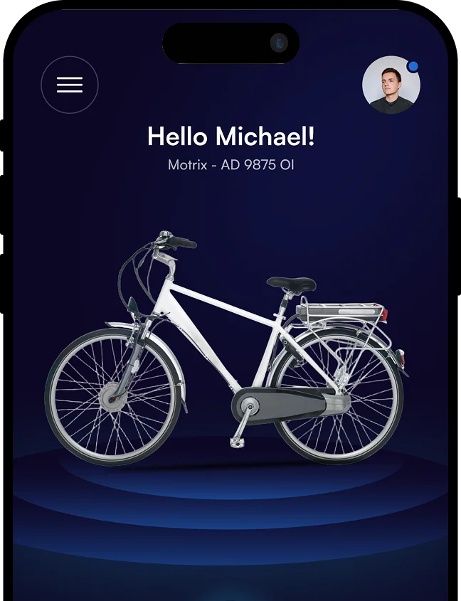 Electric bike companion iOS app showing live ride map, remote lock and anti-theft toggles, and battery telemetry, with BLE commands authenticated server-side before reaching the vehicle, built by AppMatic Tech in Flutter