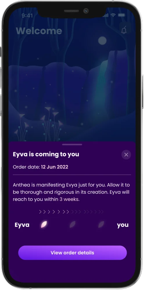EYVA device onboarding and order tracking screen