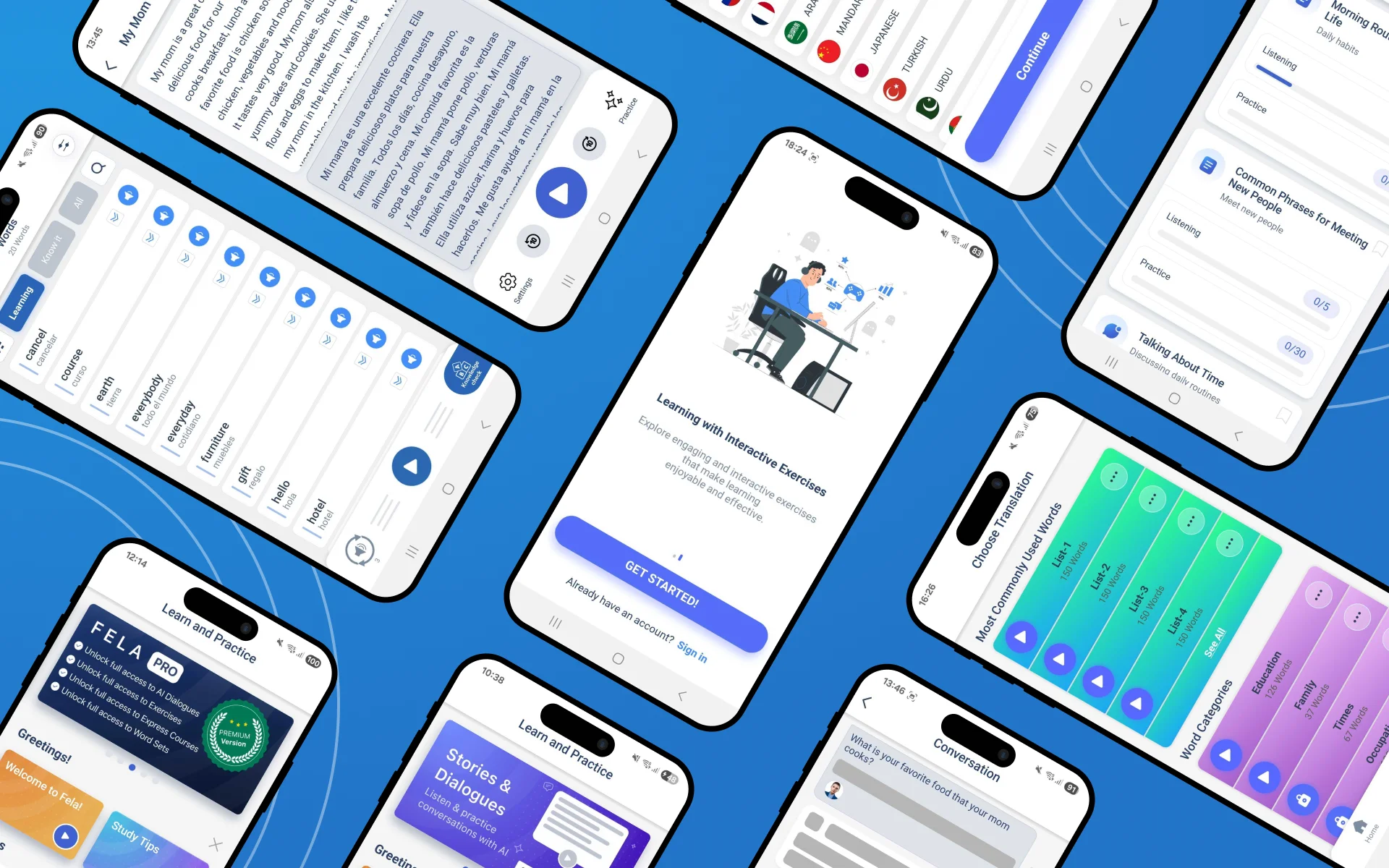 FELA structured language courses and AI speaking practice screen built by AppMatic Tech