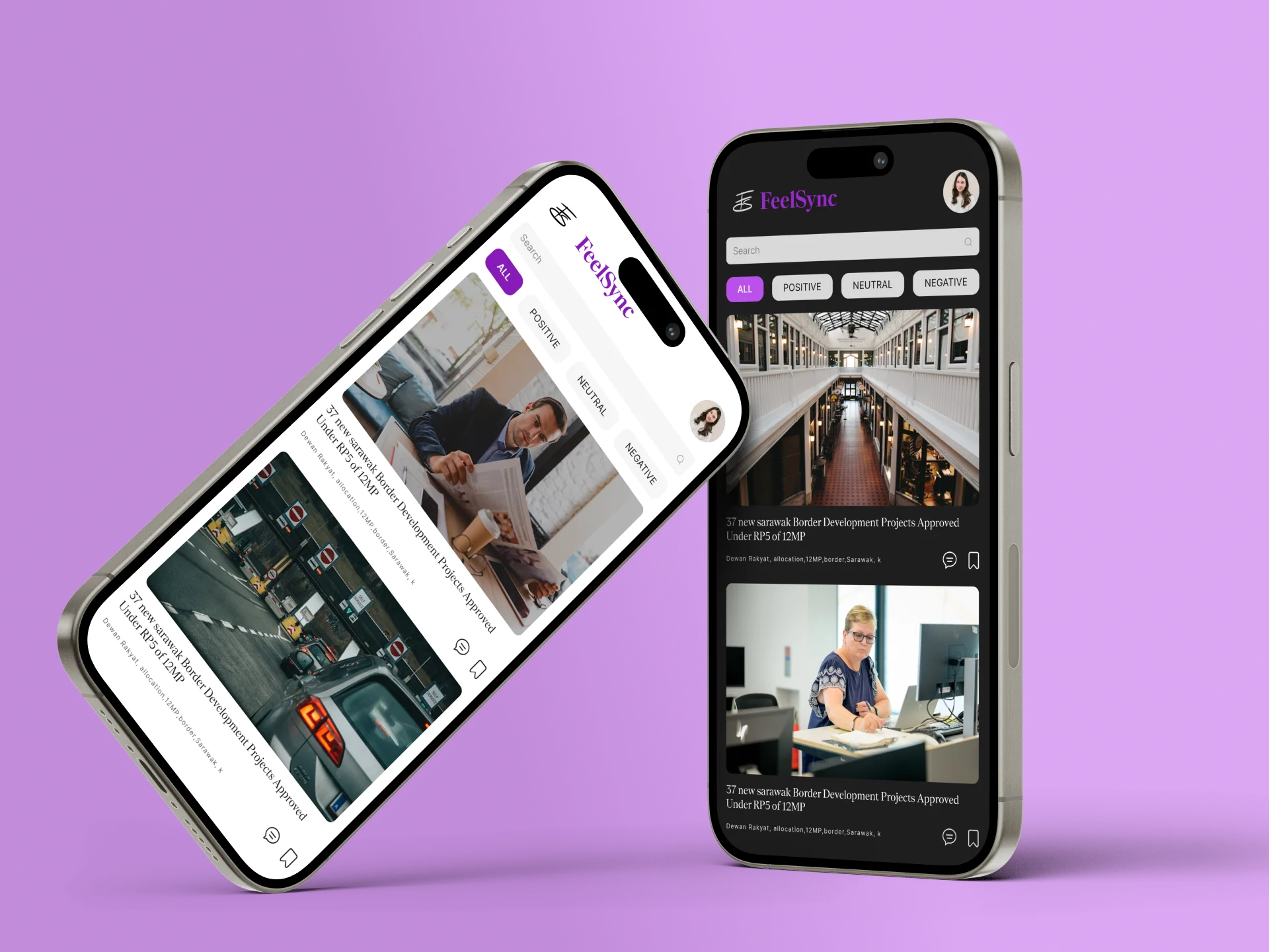 Feel Sync sentiment selector and AI-curated news feed screen built by AppMatic Tech