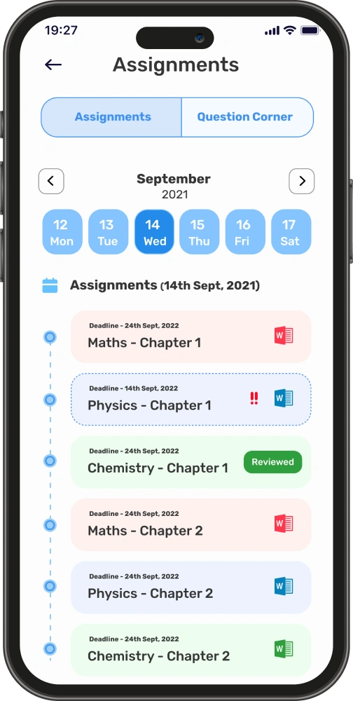 Future Education assignments screen showing a monthly calendar and subject-coded assignment list, designed by AppMatic Tech