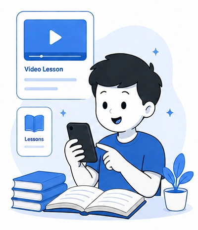 Future Education student watching video lessons and reading study material, illustration for the AppMatic Tech design