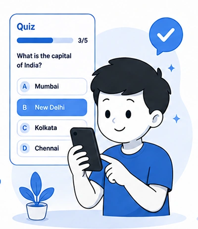 Future Education student taking an interactive multiple-choice quiz, illustration for the AppMatic Tech design