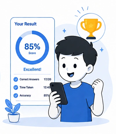 Future Education student viewing a results screen with score, correct answers, and accuracy, illustration for the AppMatic Tech design