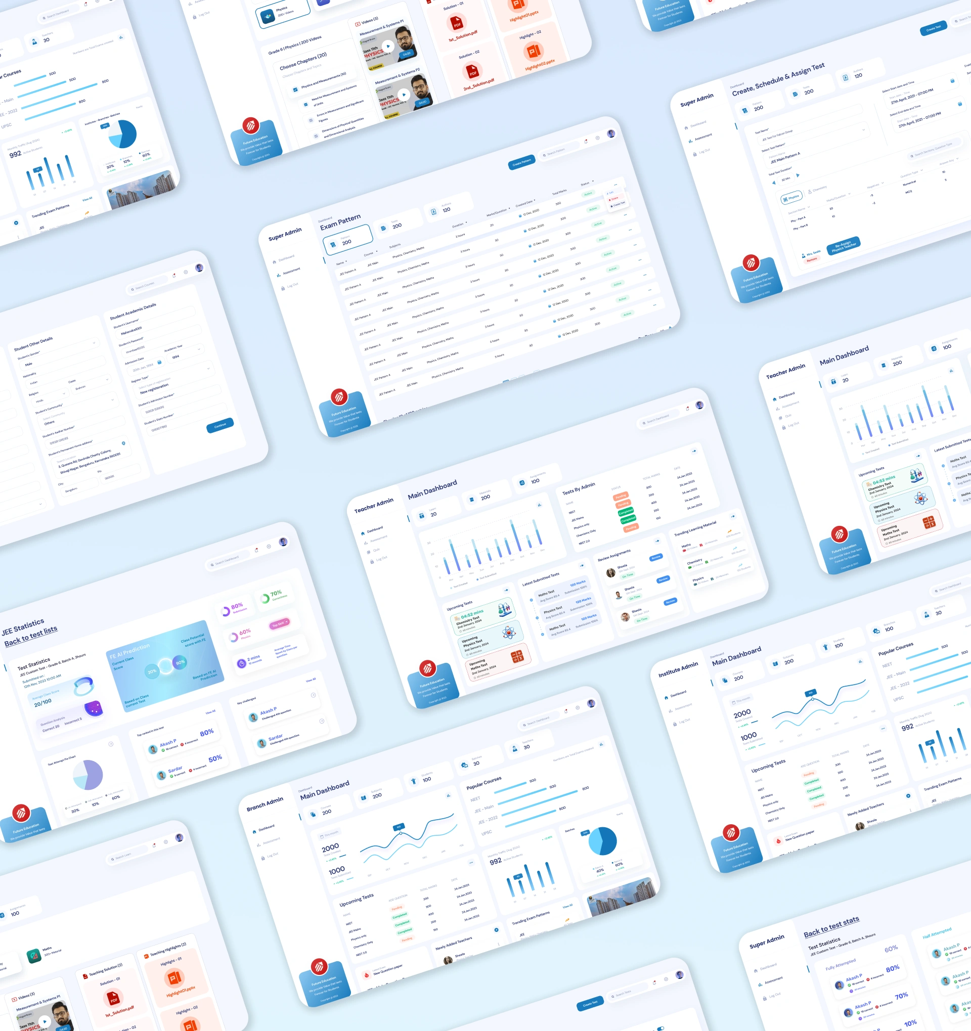 Future Education dashboard screen designs across admin, super admin, and teacher roles, designed by AppMatic Tech