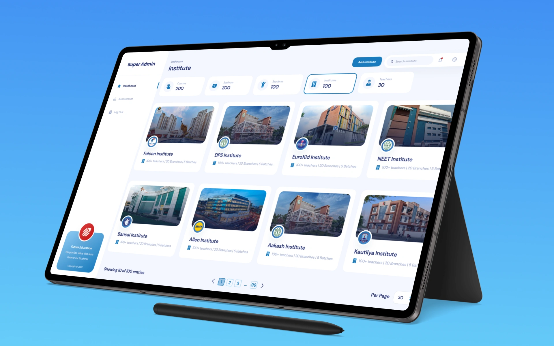 Future Education admin dashboard showing visual ranking charts, branch comparison graphs, and AI prediction insight cards, designed by AppMatic Tech