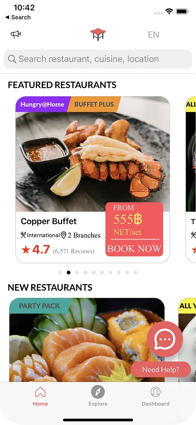 Hungry Hub home screen showing location-based restaurant discovery