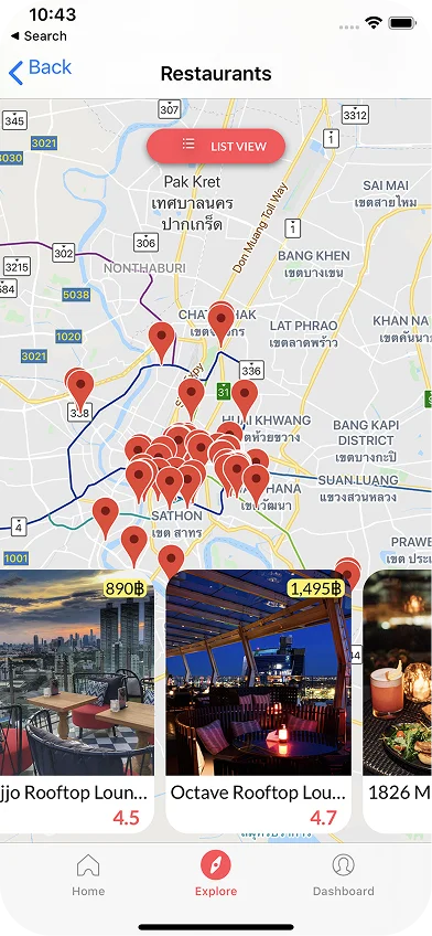 Hungry Hub custom MapKit implementation showing restaurant pins across Bangkok