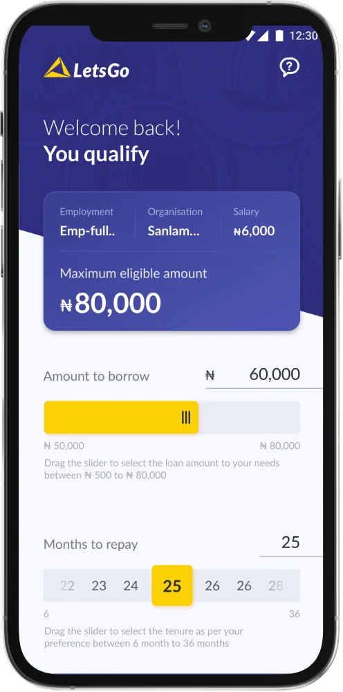 LetsGo iOS loan eligibility screen showing maximum eligible amount and repayment slider