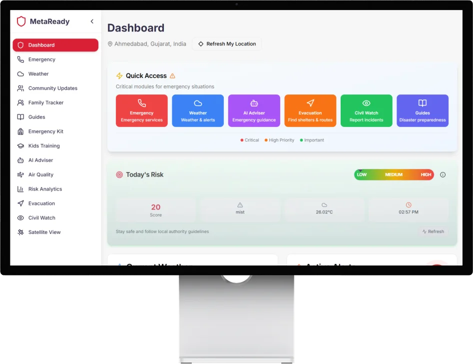 MetaReady disaster preparedness platform dashboard with AI Adviser, risk scoring, and emergency modules built by AppMatic Tech