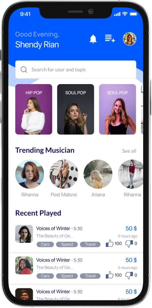 Music social network home screen showing trending musicians, genre browsing, and recently played tracks, designed by AppMatic Tech