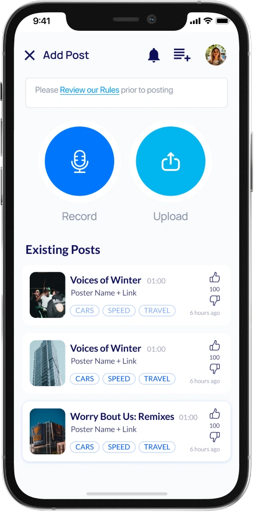 Music social network Add Post screen showing record and upload actions and an existing posts list, designed by AppMatic Tech