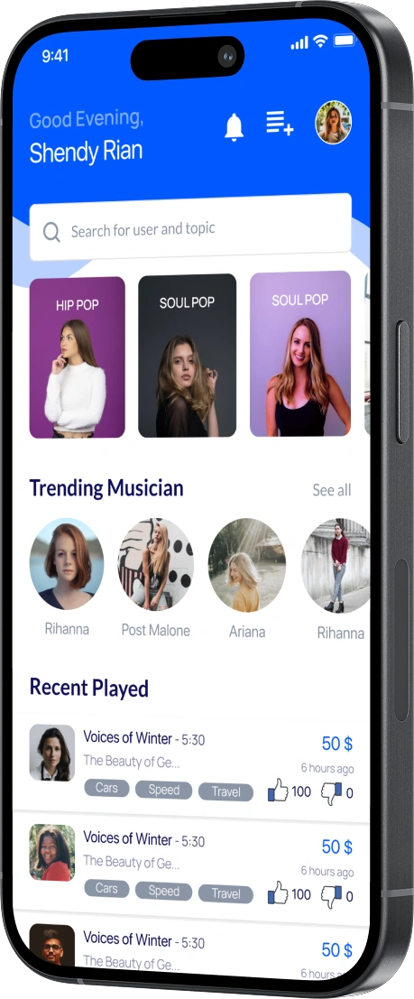 Music social network app screen showing the listener feed, trending tracks, and a persistent player, designed by AppMatic Tech