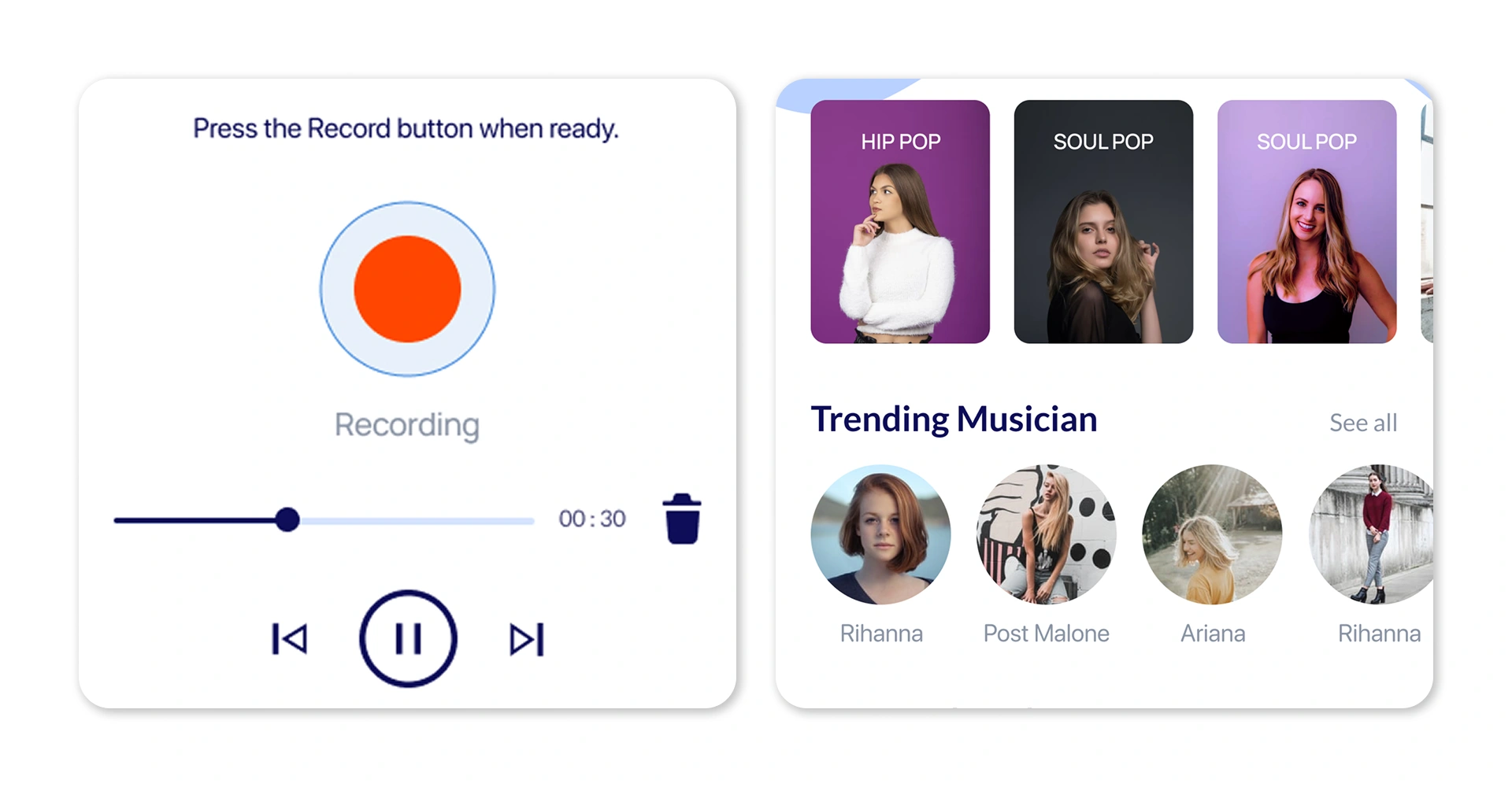 Music social network screens showing the listener-first home, the focused recording mode, and the full-screen player, designed by AppMatic Tech