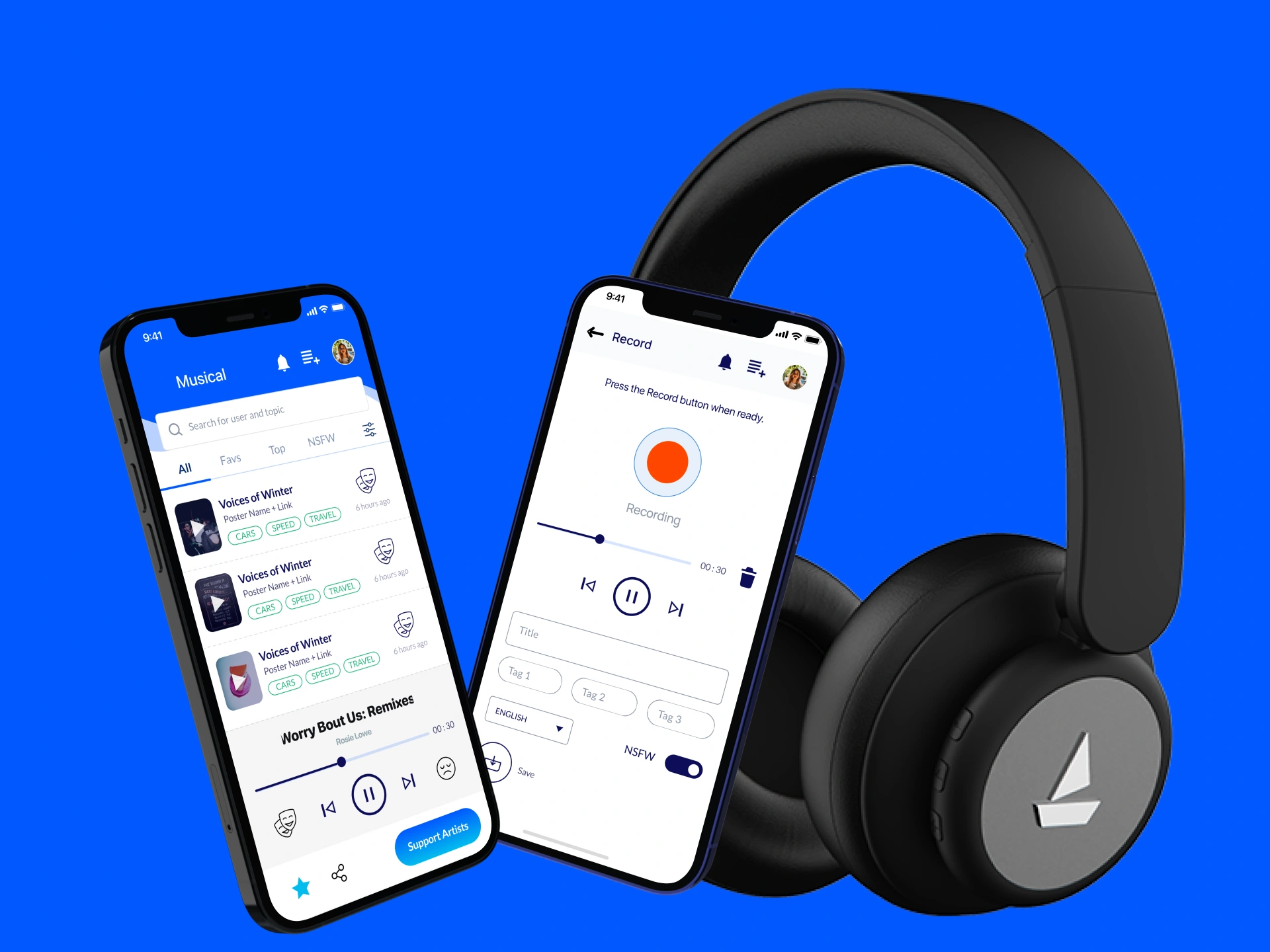 Music social network screens showing the social feed, trending discovery, and persistent player, designed by AppMatic Tech