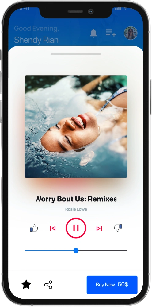 Music social network full-screen player showing album artwork, playback controls, and a buy option, designed by AppMatic Tech