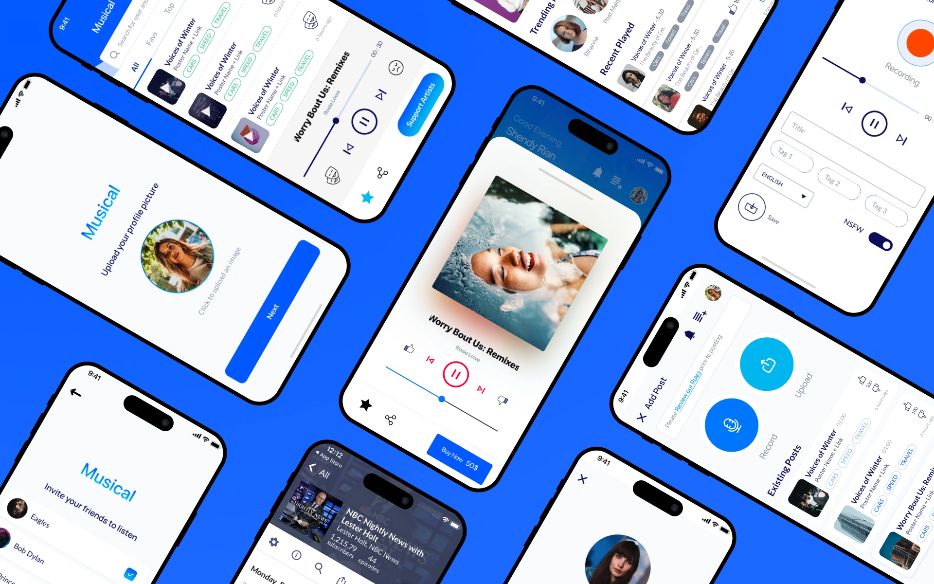 Music social network app screens showing the home feed, recording studio, and full-screen player, designed by AppMatic Tech