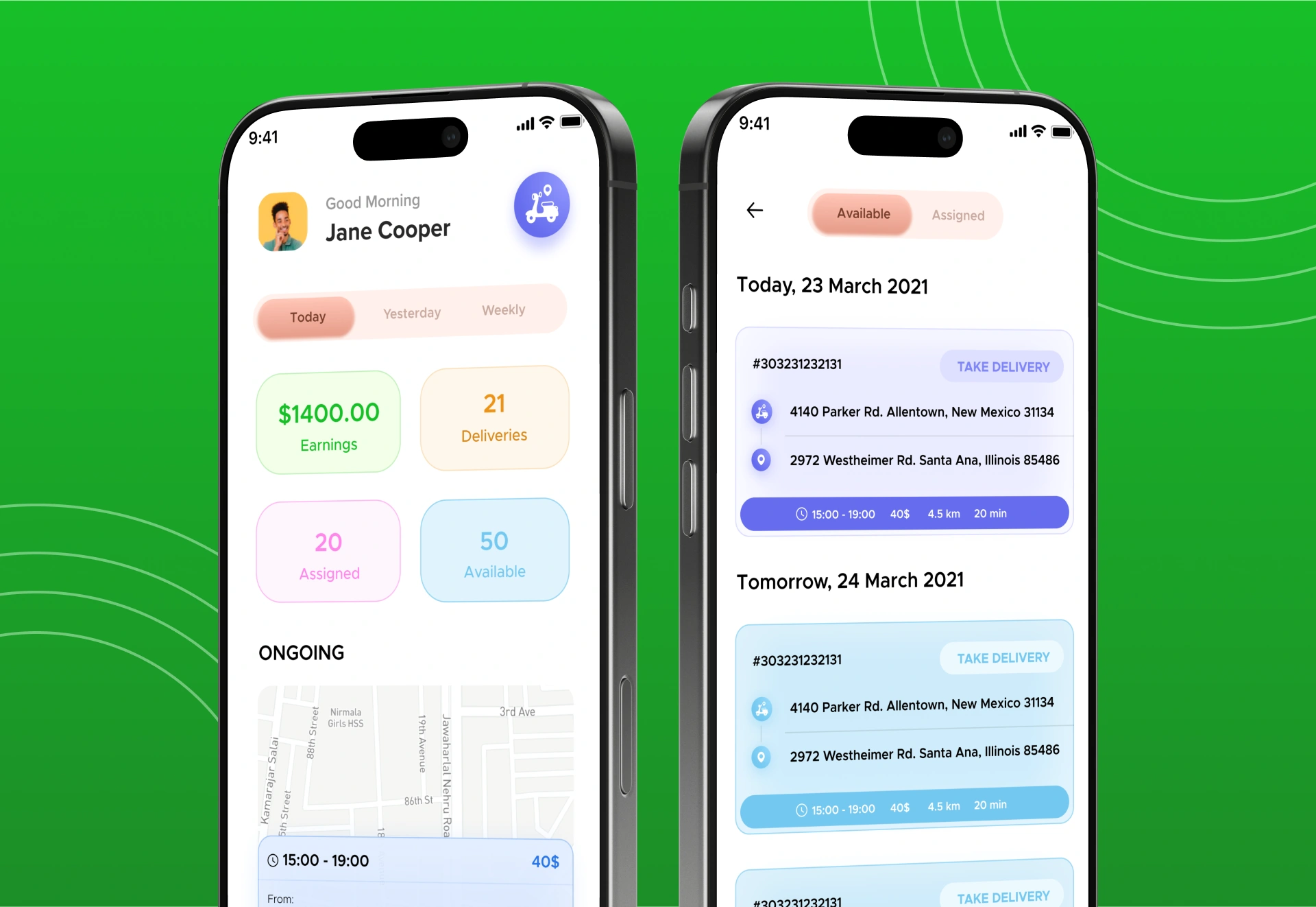 MyMan mobile screens showing the five order states, live GPS route tracking on a map, and offline-resilient state sync for delivery personnel, built by AppMatic Tech