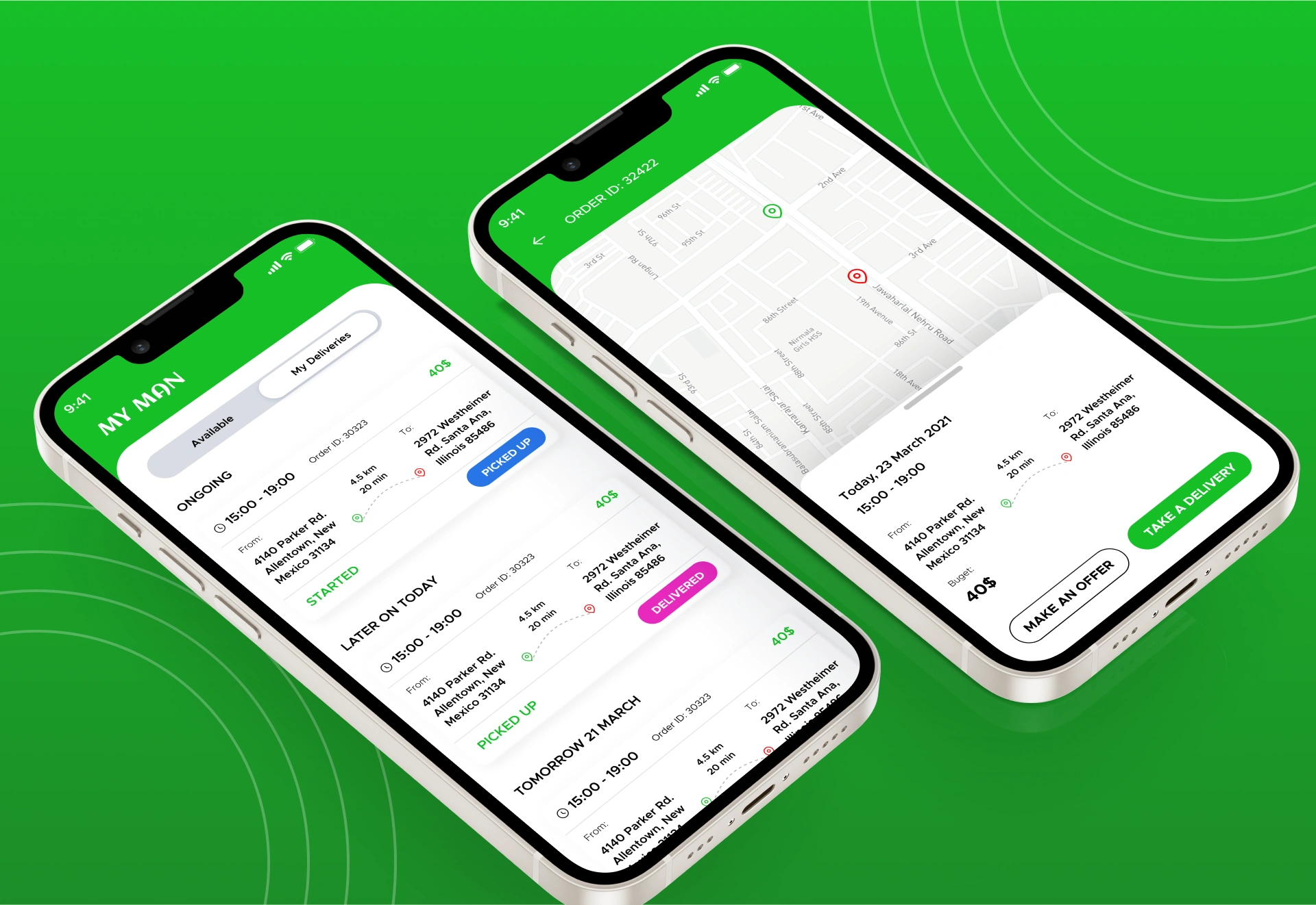 MyMan delivery personnel app showing live GPS route tracking on a map and real-time order state updates over WebSocket, built by AppMatic Tech
