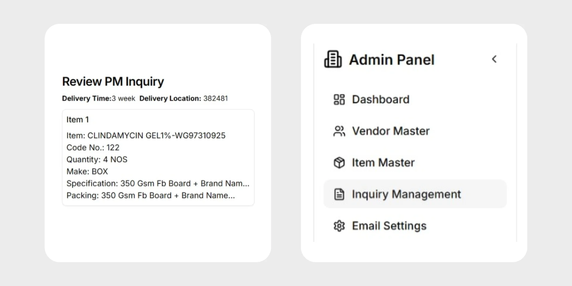 Pharma vendor and enquiry management platform, vendor dashboard view